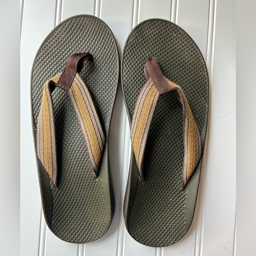 Chaco Olive Green Brown Striped Strap Flip Flops